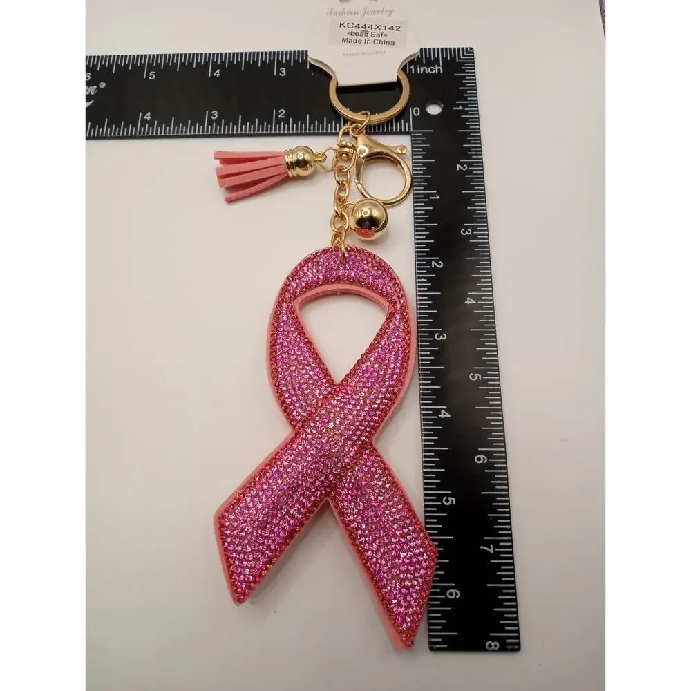 Puffy Pink Breast Cancer Ribbon Bougie Bling Purse Charm Keychain 0843-0865